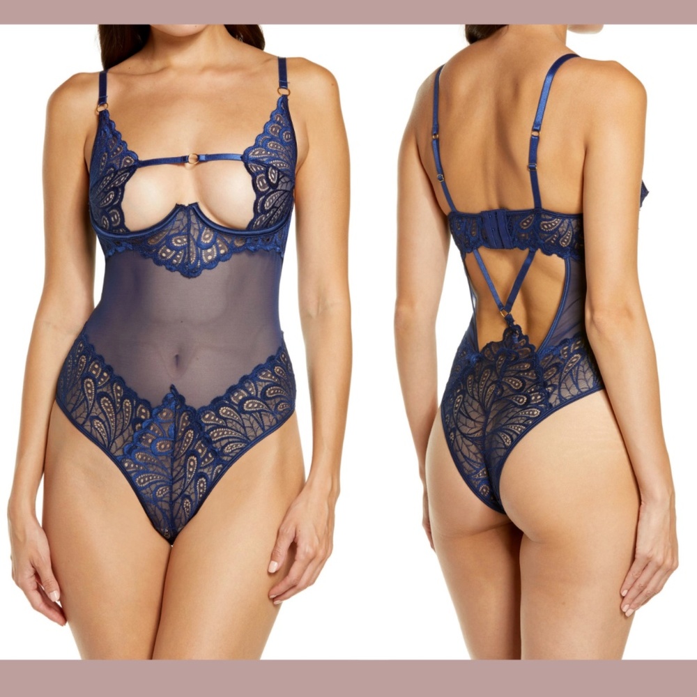 - NWT $50 OH LA LA CHERI [ Small ] Melody Mesh‎ & Lace Teddy in Estate Blue…